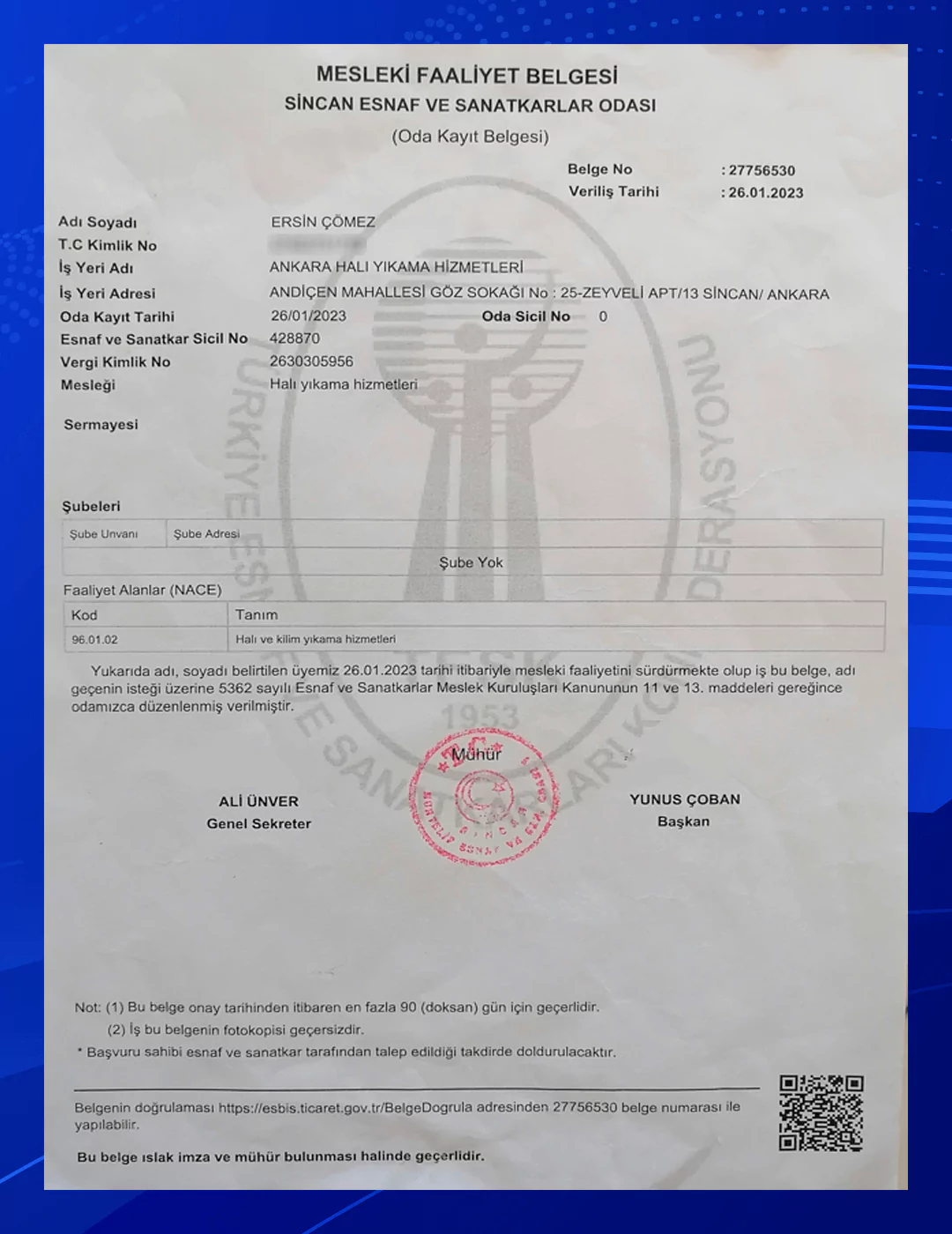 Mesleki Faaliyet Belgesi