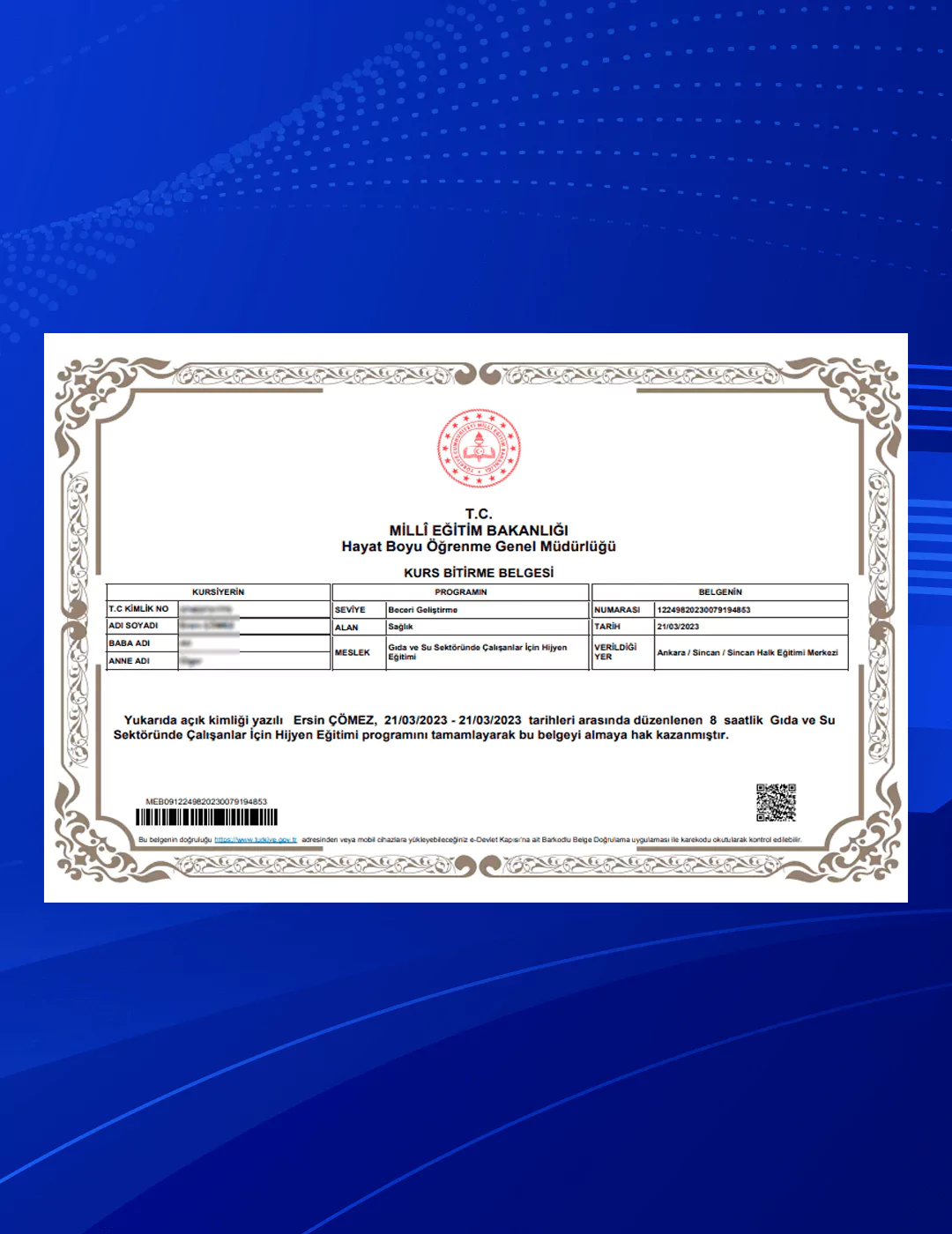 Hijyen Eğitimi Kurs Belgesi