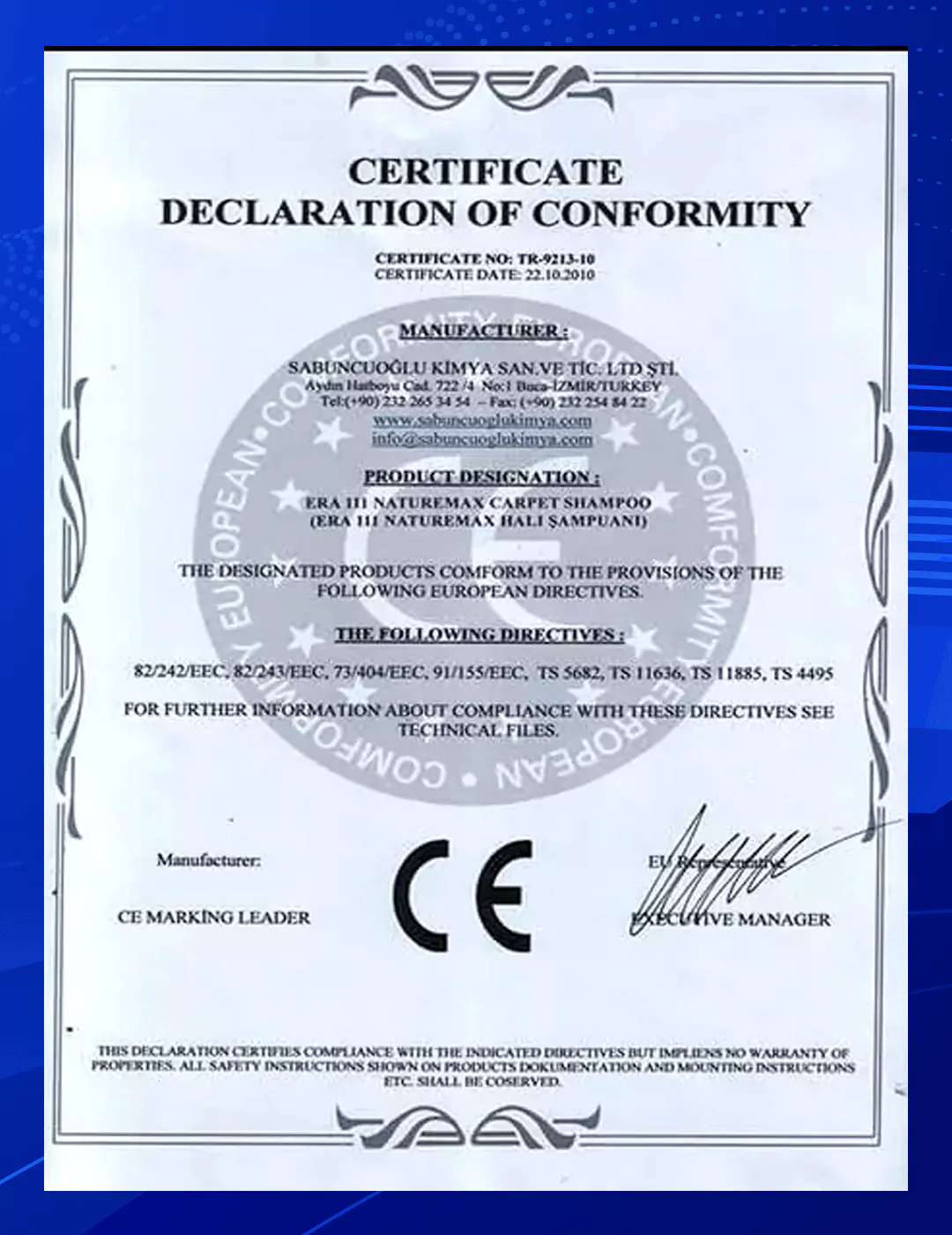 Sabuncuoğlu Kimya CE Belgesi