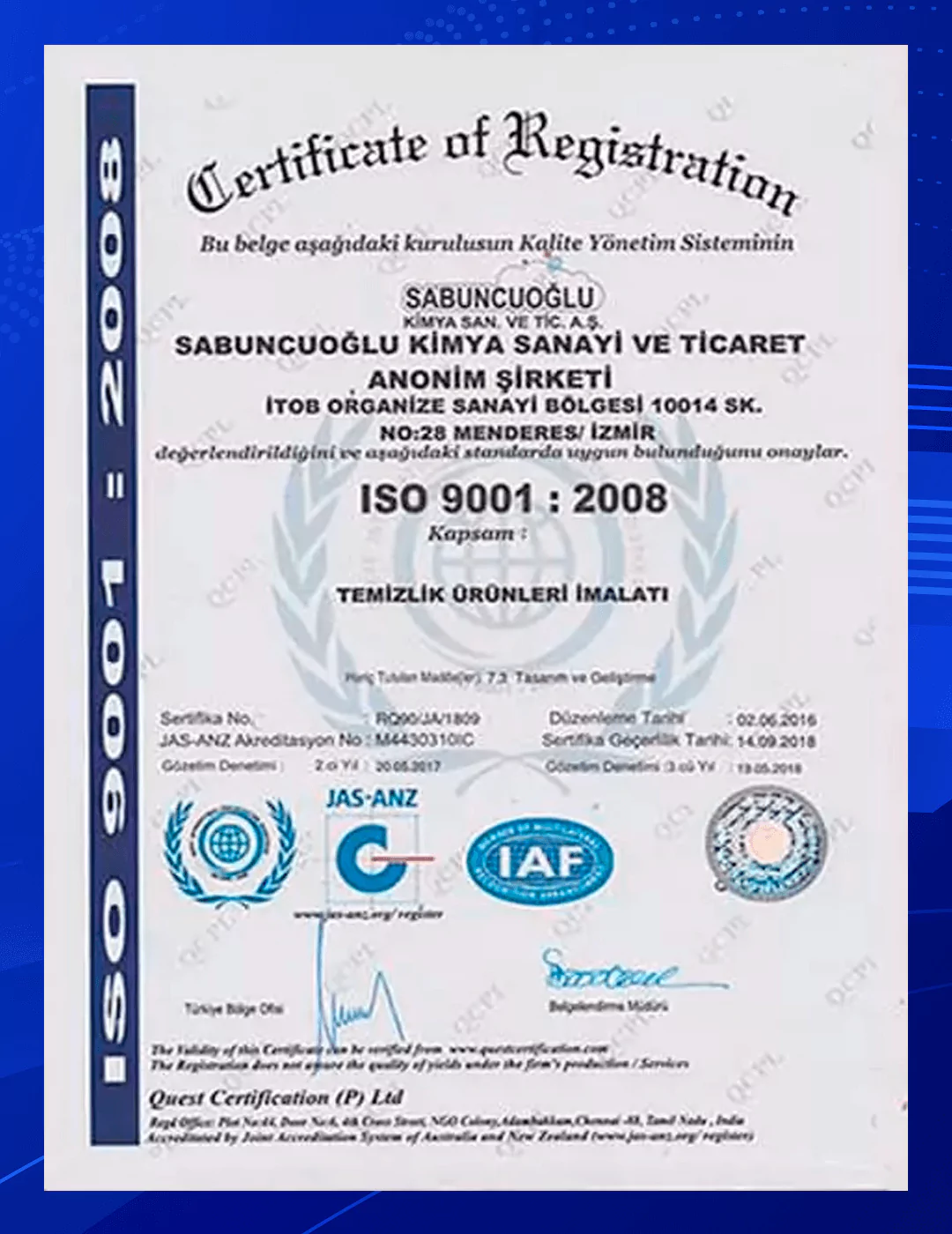 Sabuncuoğlu Kimya ISO Belgesi