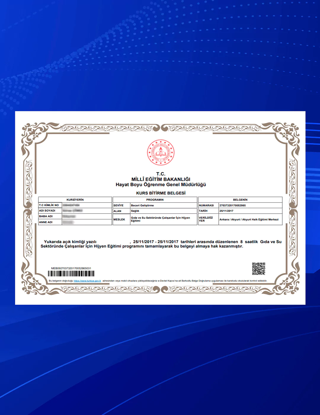 Hijyen Eğitimi Kurs Belgesi 2