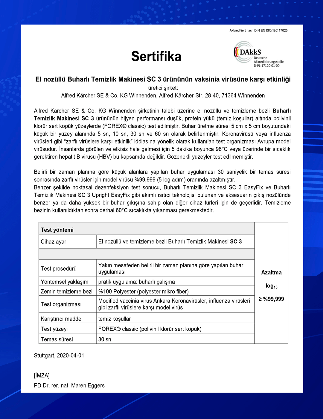 Kullandığımız ekipmanlardan Karcher SC-3'e ait sertifika.