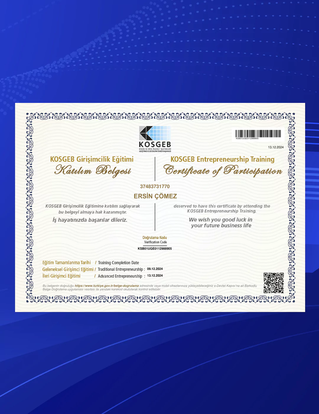 KOSGEB İleri Girişimcilik Eğitimi Katılım Belgesi