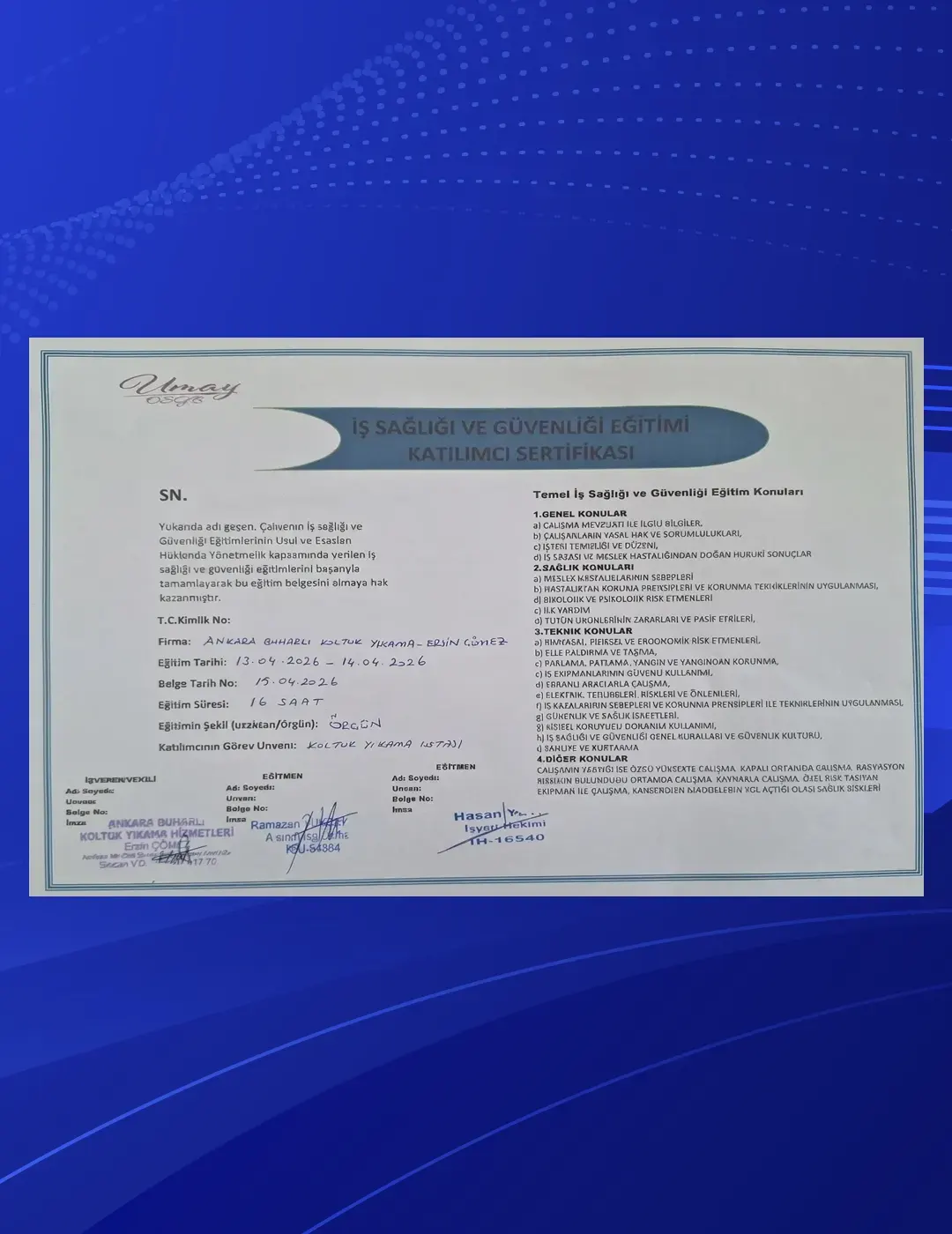 İş Sağlığı ve Güvenliği Eğitimi Katılımcı Sertifikası Görseli 2