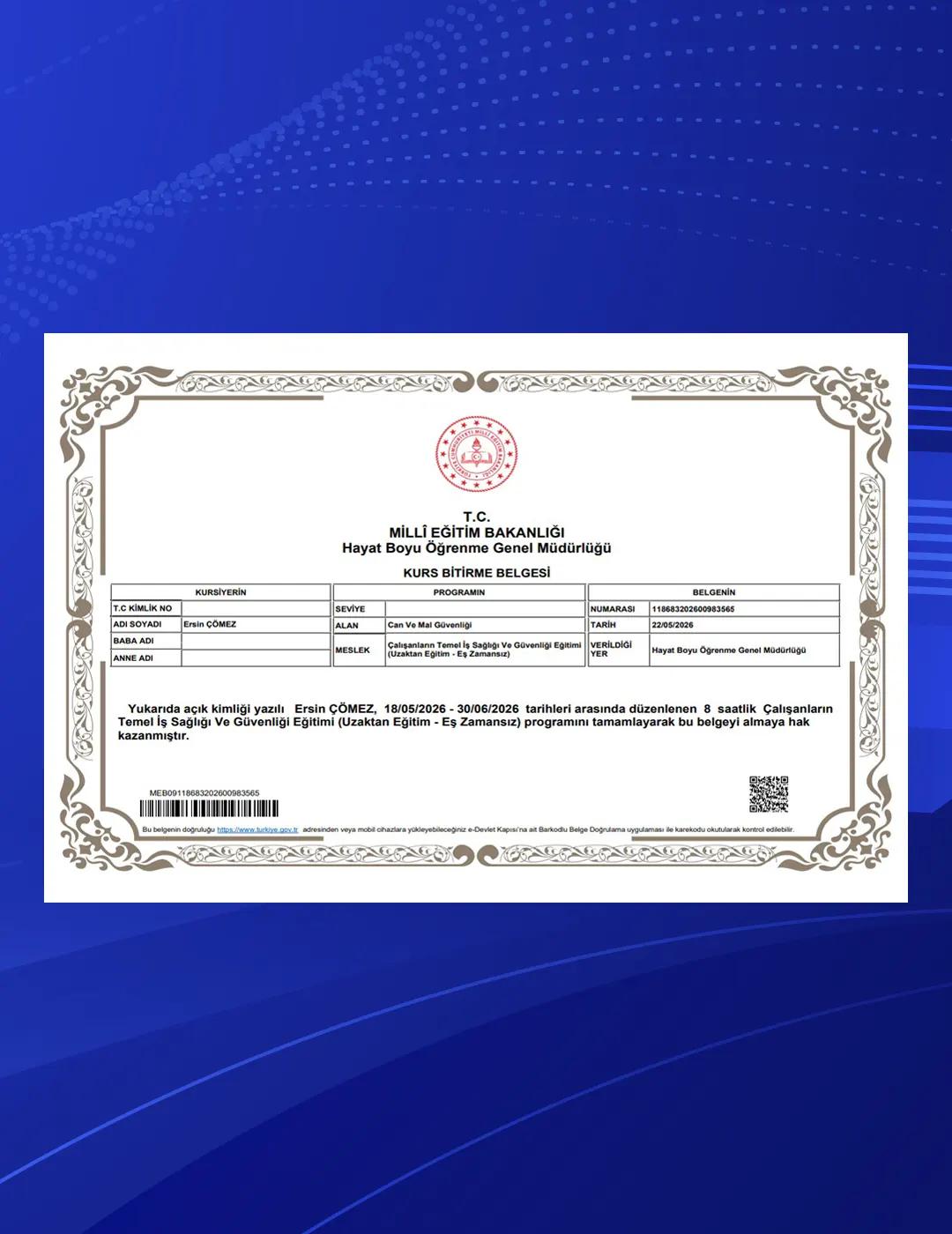 Çalışanların Temel İş Sağlığı ve Güvenliği Eğitimi Kurs Bitirme Belgesi