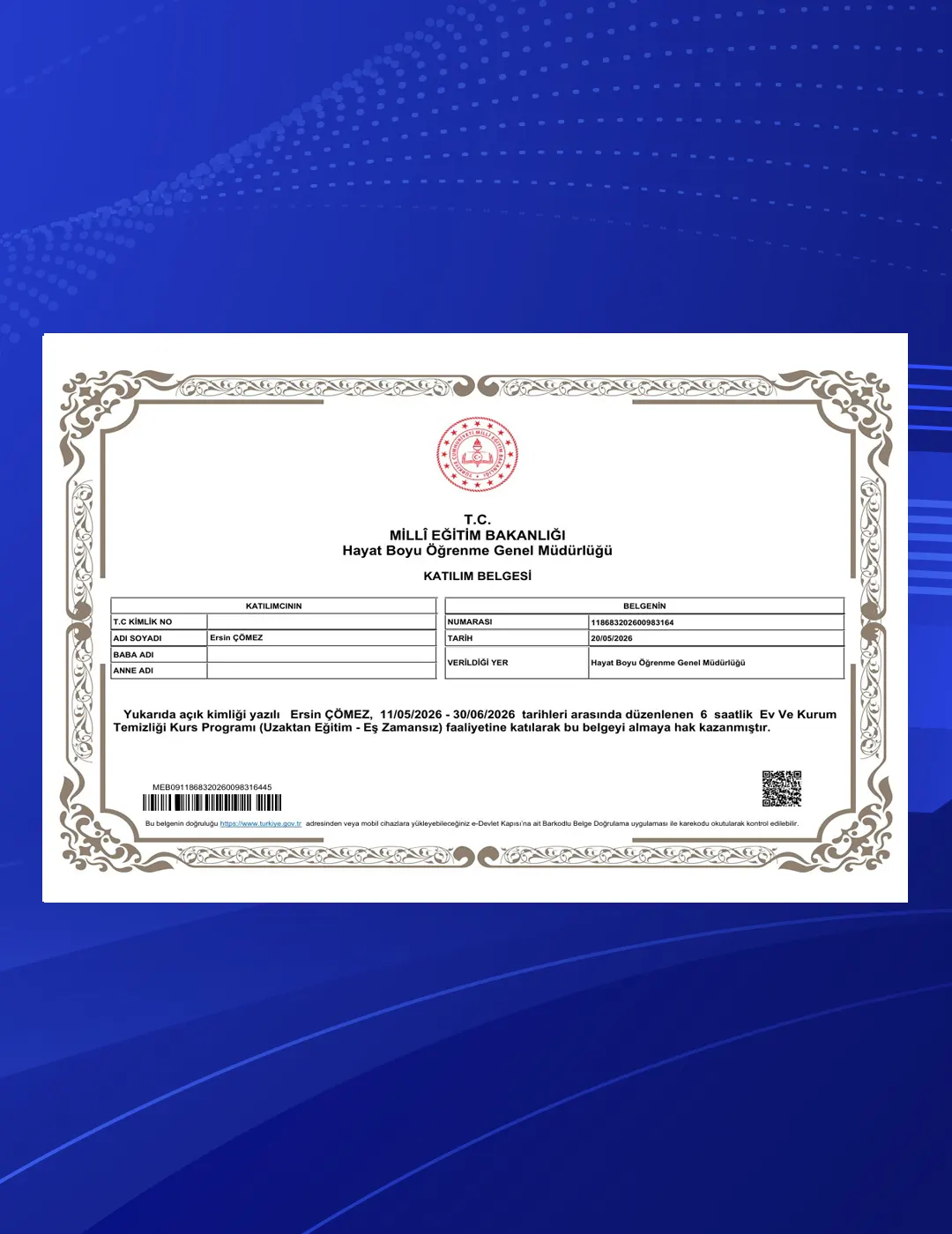 Ev ve Kurum Temizliği Kurs Programı Katılım Belgesi