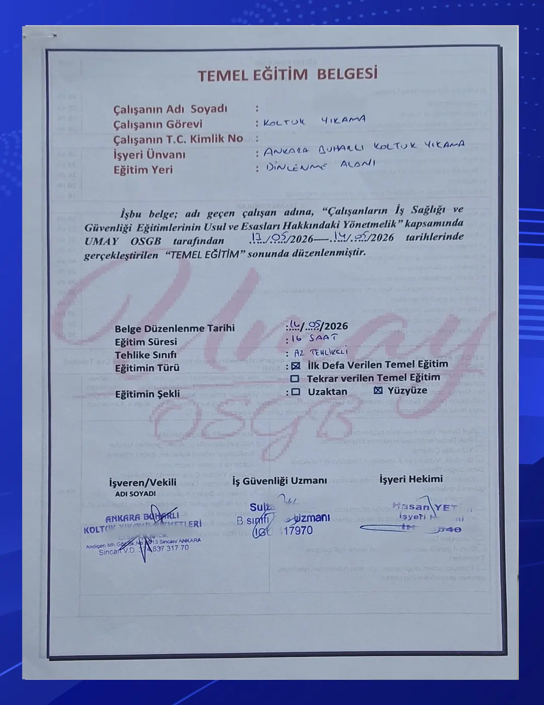 İş Sağlığı ve Güvenliği Temel Eğitim Belgesi